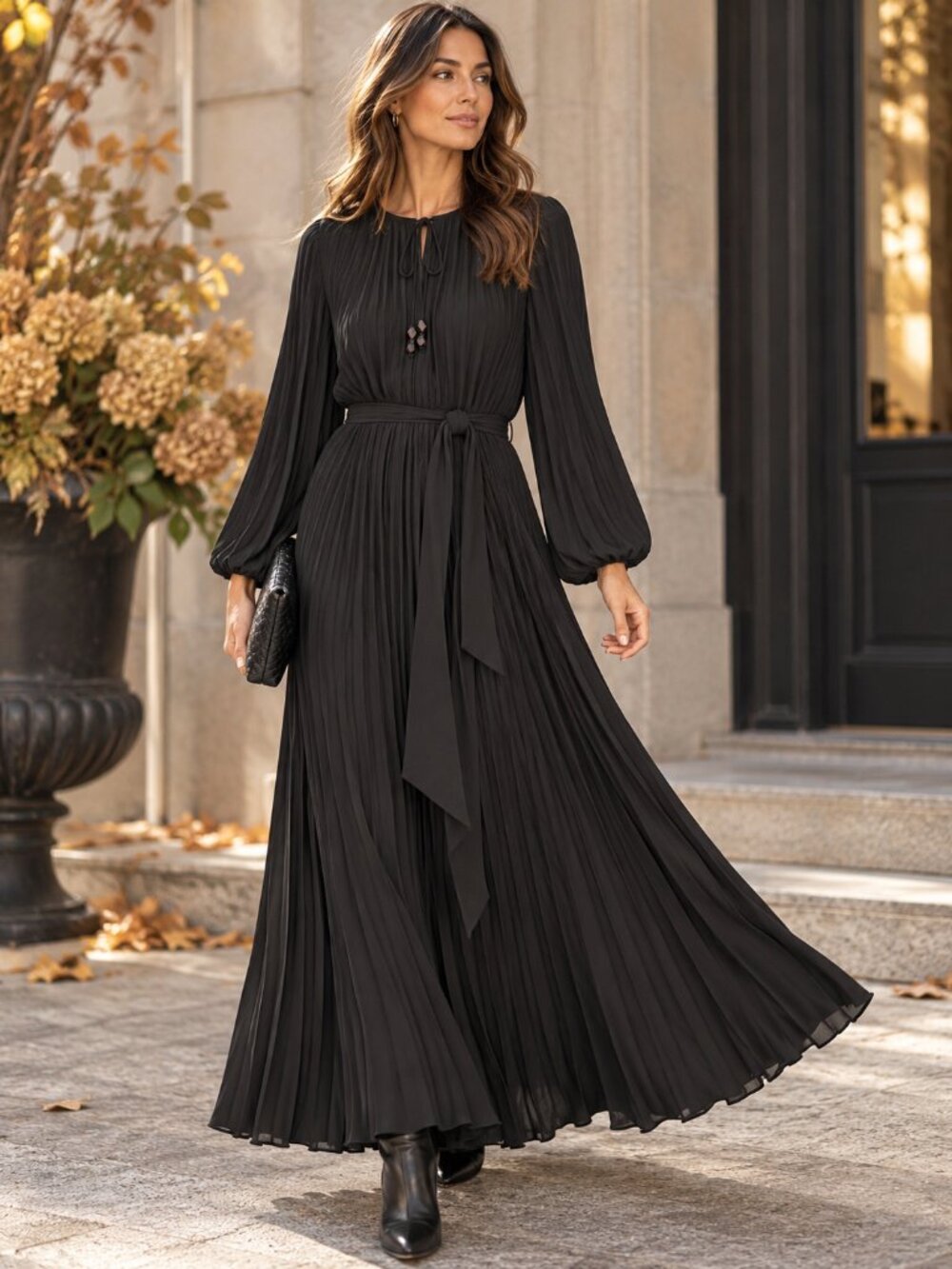 Zara Pleated Maxi Dress Black Belted Beaded Tie Neck Blouson Sleeve M Minimalist